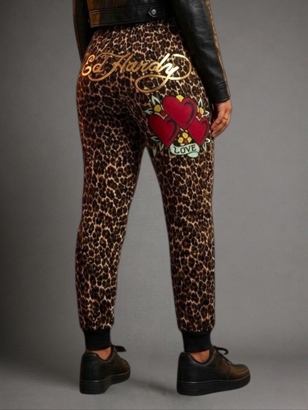 ED HARDY Leopard Heart JOGGERS Women's Plus Size 1X Sweatpants NWT